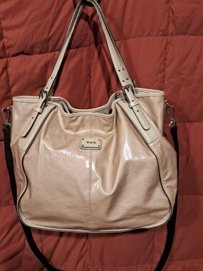 Tod's Beige Coated Canvas Leather Crossbody Tote w/ Black Bling Crossbody Strap